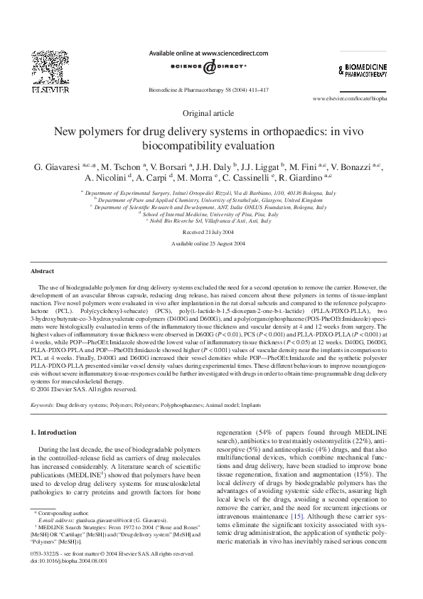 (PDF) New polymers for drug delivery systems in orthopaedics: in vivo ...