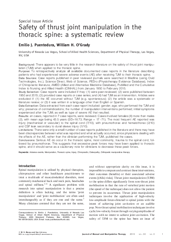(PDF) Safety of thrust joint manipulation in the thoracic spine a