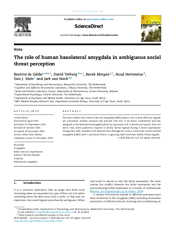 (PDF) The role of human basolateral amygdala in ambiguous social threat ...