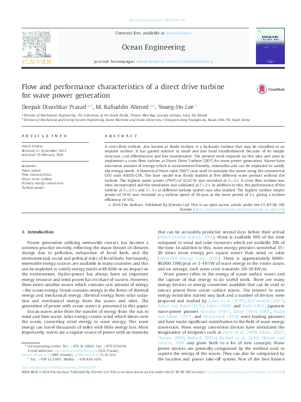 Flow and performance characteristics of a direct drive turbine for wave ...