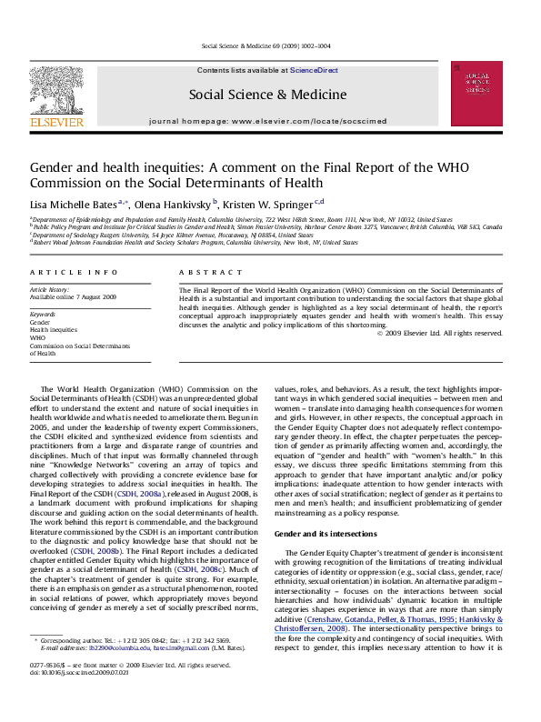 (PDF) Gender and health inequities: A comment on the Final Report of ...