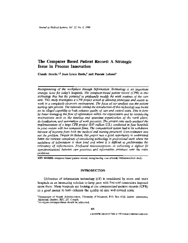 (PDF) The computer based patient record: a strategic issue in process ...