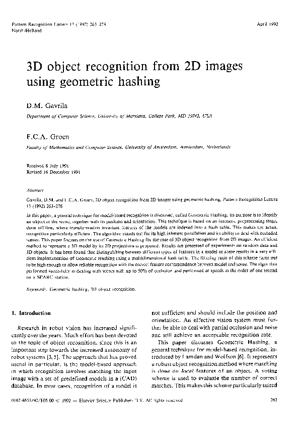 (PDF) 3D object recognition from 2D images using geometric hashing