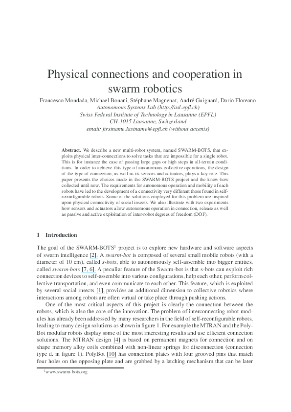 (PDF) Physical connections and cooperation in swarm robotics