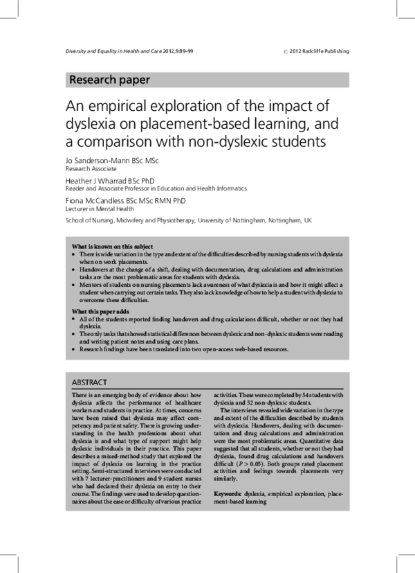 (PDF) An empirical exploration of the impact of dyslexia on placement ...