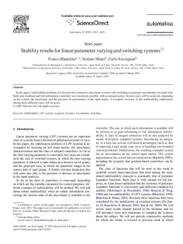 (PDF) Stability results for linear parameter varying and switching systems
