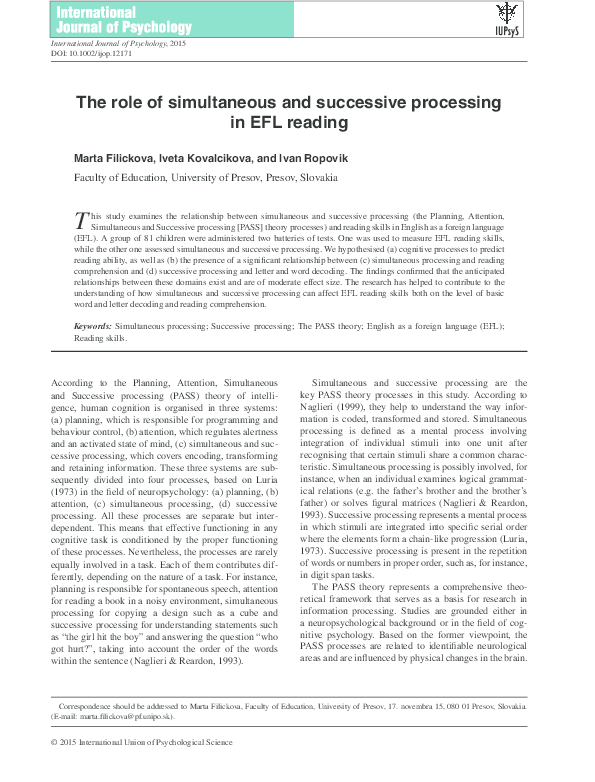 (PDF) The role of simultaneous and successive processing in EFL reading