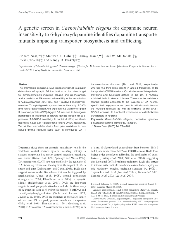 (PDF) A genetic screen in Caenorhabditis elegans for dopamine neuron ...