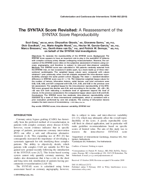 (PDF) The SYNTAX score revisited: A reassessment of the SYNTAX score ...