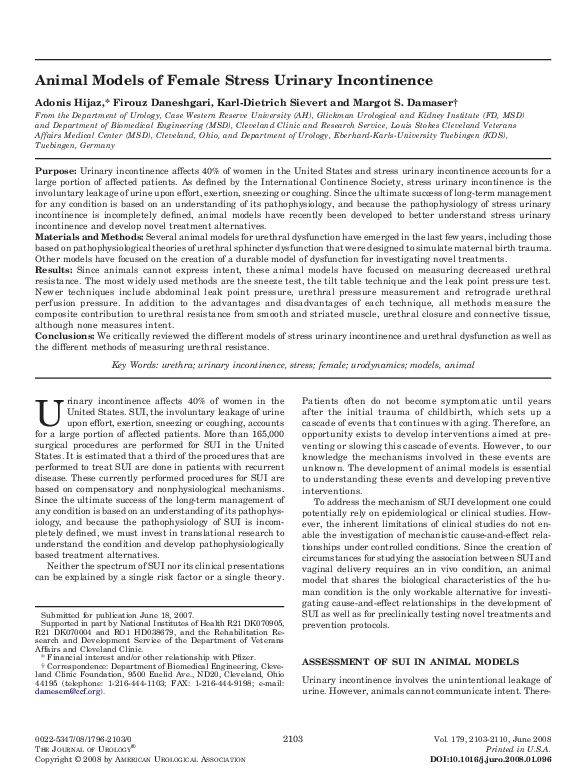 (PDF) Animal Models of Female Stress Urinary Incontinence