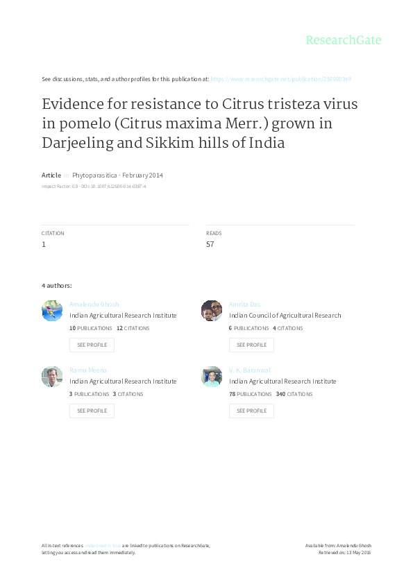 (PDF) Evidence for resistance to Citrus tristeza virus in pomelo