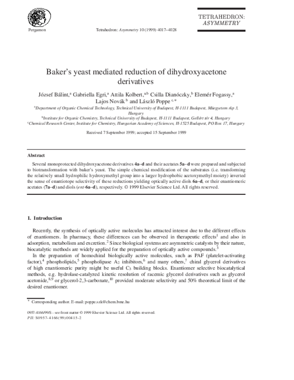 (PDF) Baker's yeast mediated reduction of dihydroxyacetone derivatives