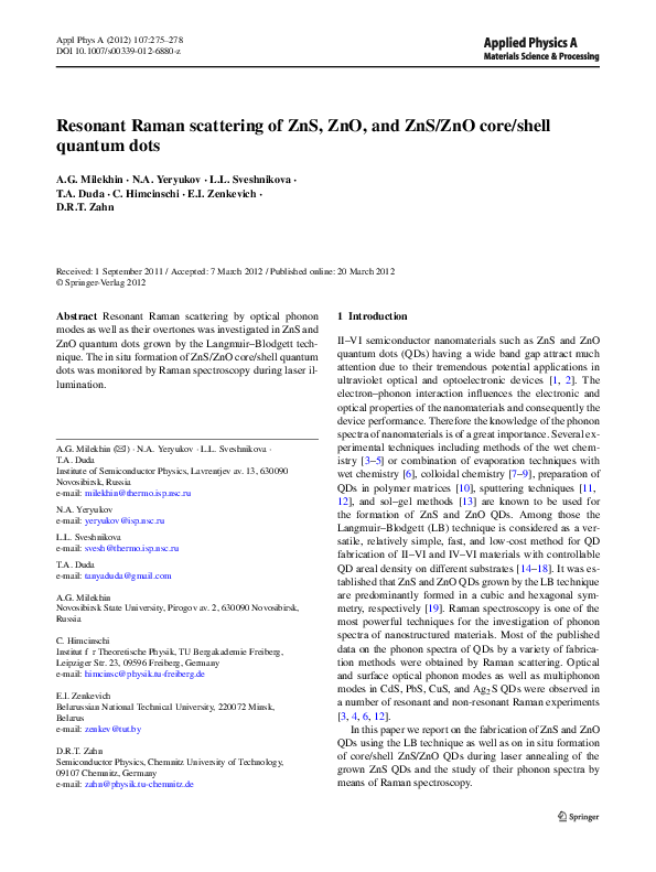 (PDF) Resonant Raman scattering of ZnS, ZnO, and ZnS/ZnO core/shell ...