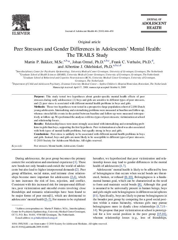 (PDF) Peer Stressors and Gender Differences in Adolescents' Mental ...