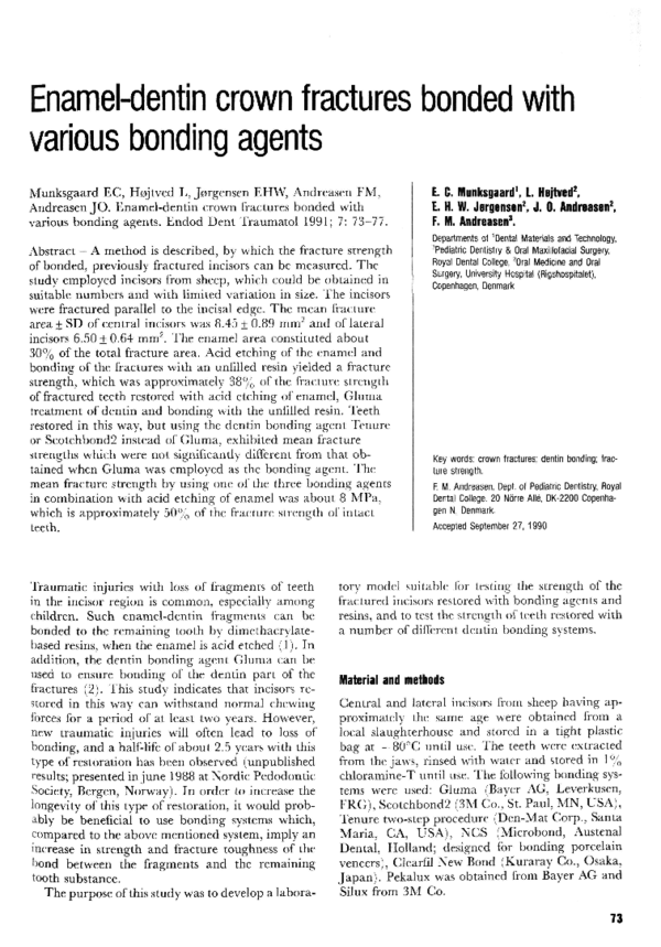 (PDF) Enameldentin crown fractures bonded with various bonding agents Jens Andreasen