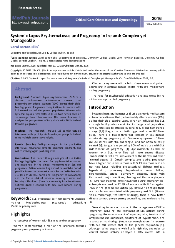 (PDF) Systemic Lupus Erythematosus and Pregnancy in Ireland: Complex ...