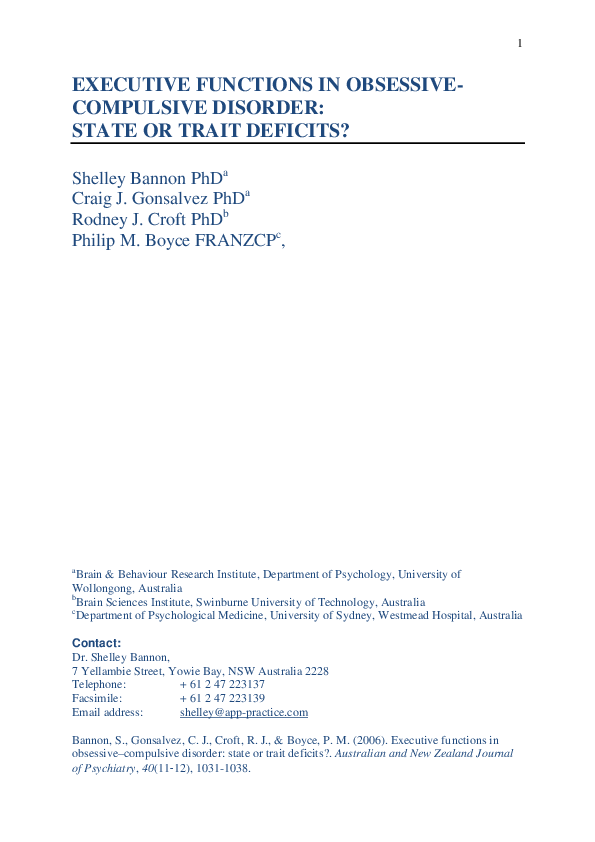 (PDF) Executive functions in obsessive–compulsive disorder: state or ...