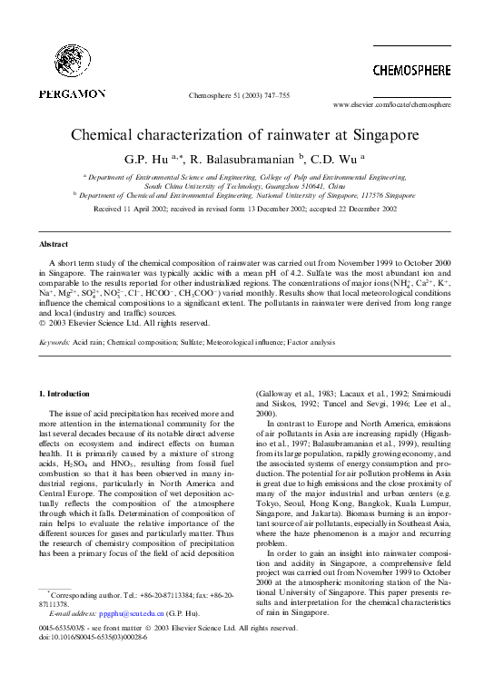 (PDF) Chemical characterization of rainwater at Singapore Rajasekhar