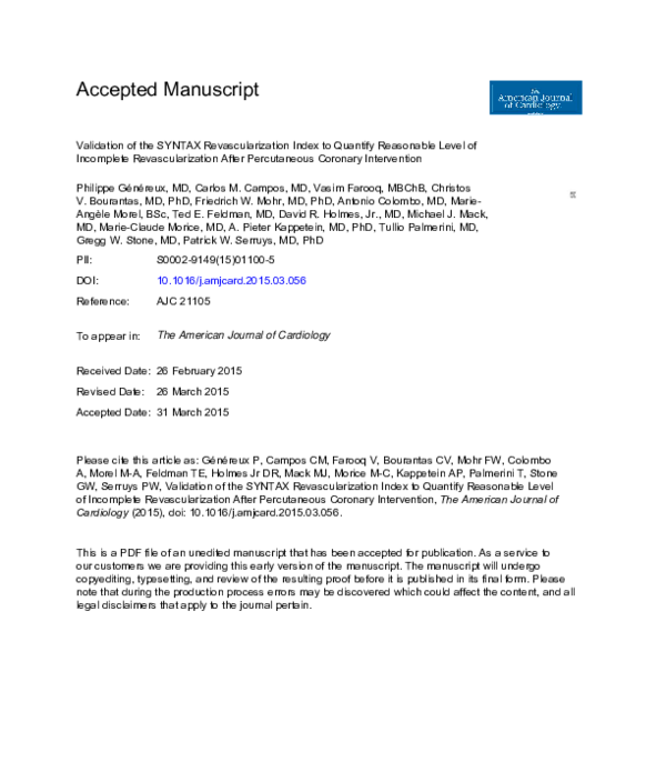 (PDF) Validation of the SYNTAX Revascularization Index to Quantify ...