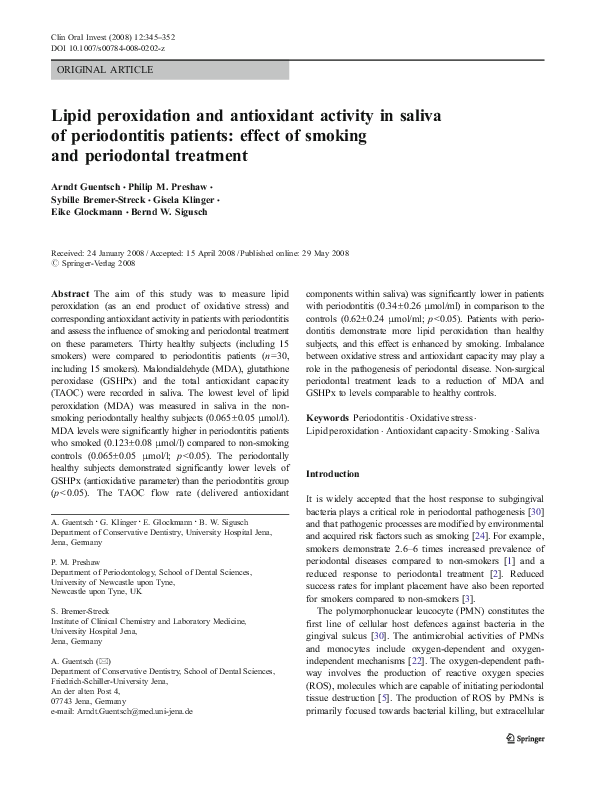 (PDF) Lipid peroxidation and antioxidant activity in saliva of ...