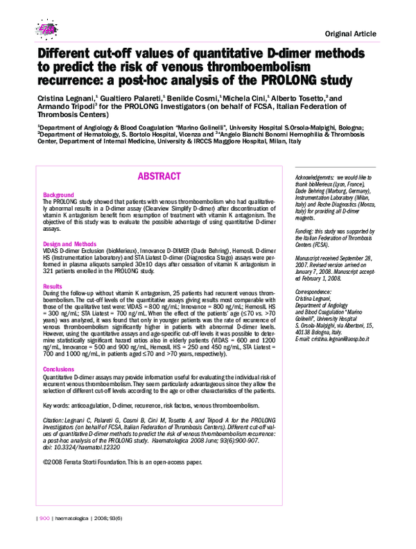 (PDF) Different cutoff values of quantitative Ddimer methods to