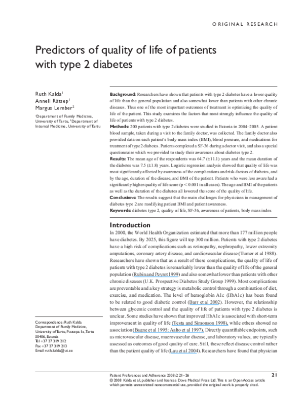 (PDF) Predictors of quality of life of patients with type 2 diabetes