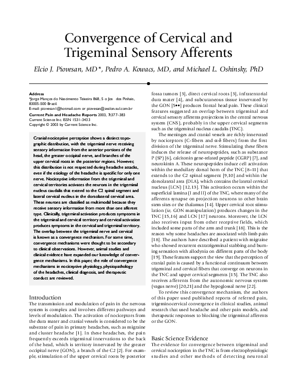 (PDF) Convergence of cervical and trigeminal sensory afferents