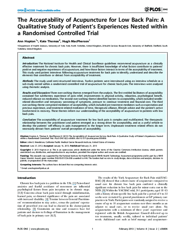 (PDF) The Acceptability of Acupuncture for Low Back Pain: A Qualitative ...