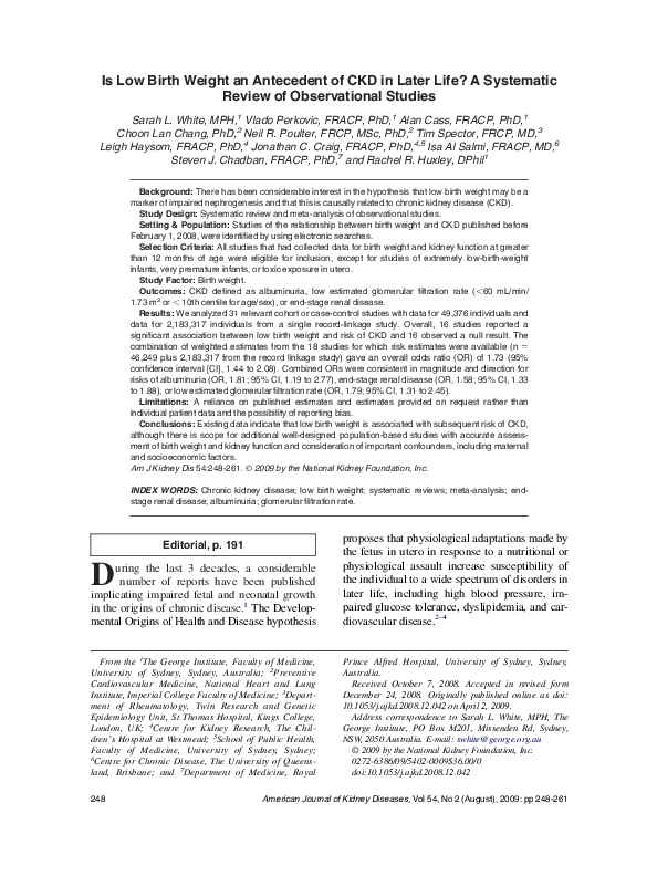 (PDF) Is Low Birth Weight an Antecedent of CKD in Later Life? A