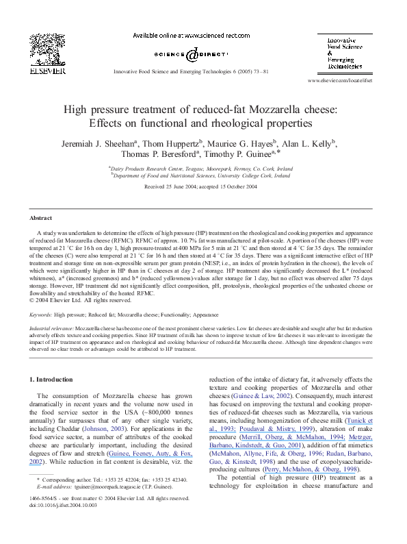 (PDF) High pressure treatment of reduced-fat Mozzarella cheese: Effects ...