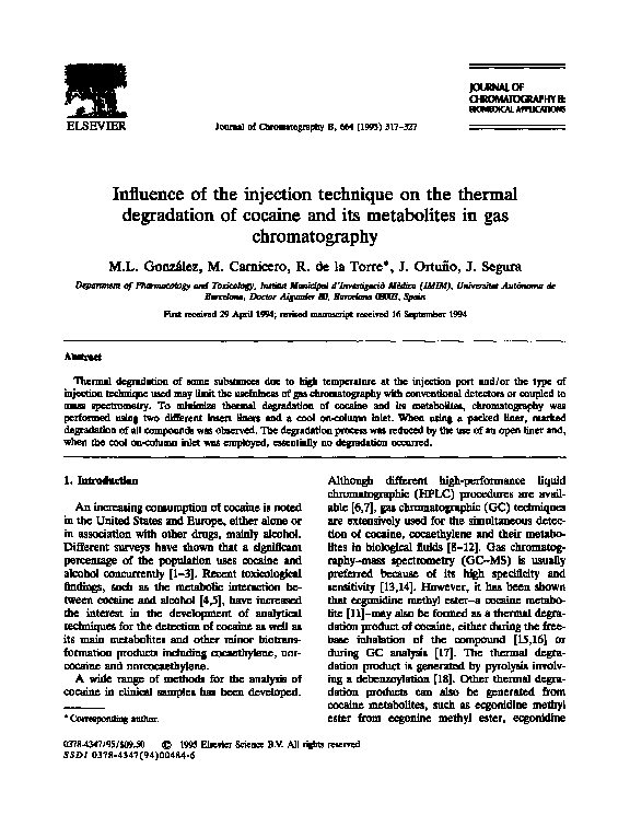 Port injection chromatography degradation of cocaine to ecgonidine