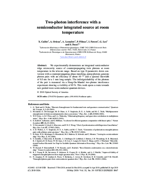 (PDF) Two-photon interference with a semiconductor integrated source at ...