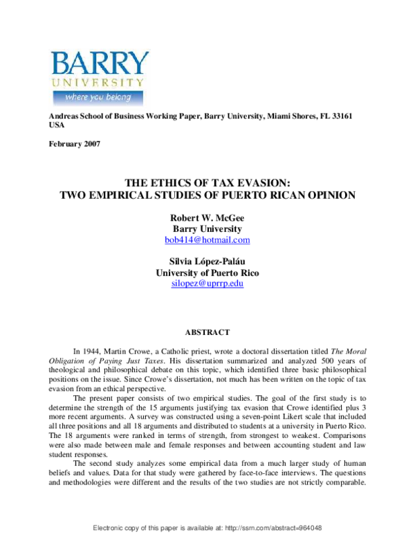 (PDF) The Ethics of Tax Evasion Two Empirical Studies of Puerto Rican