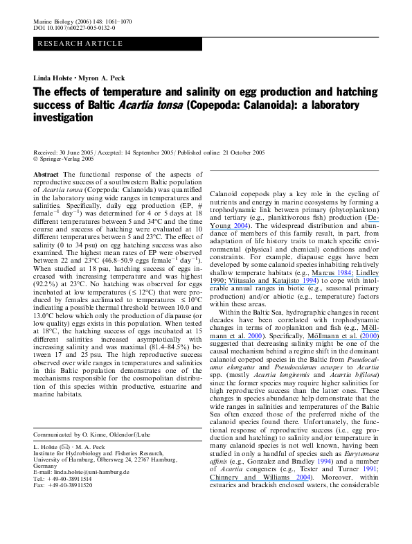 (PDF) The effects of temperature and salinity on egg production and ...
