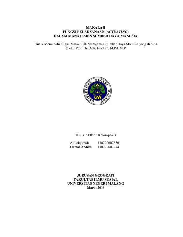 Pdf Makalah Fungsi Pelaksanaan Actuating Dalam Manajemen Sumber Daya Manusia Istiqomah El Rembangi Academia Edu