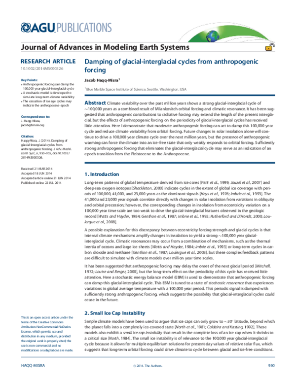 Damping of glacial-interglacial cycles from anthropogenic forcing