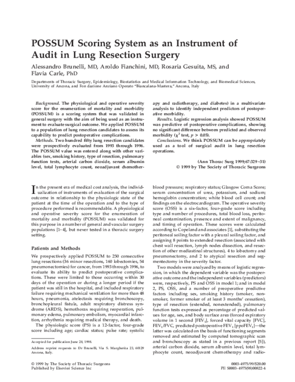 (PDF) POSSUM scoring system as an instrument of audit in lung resection