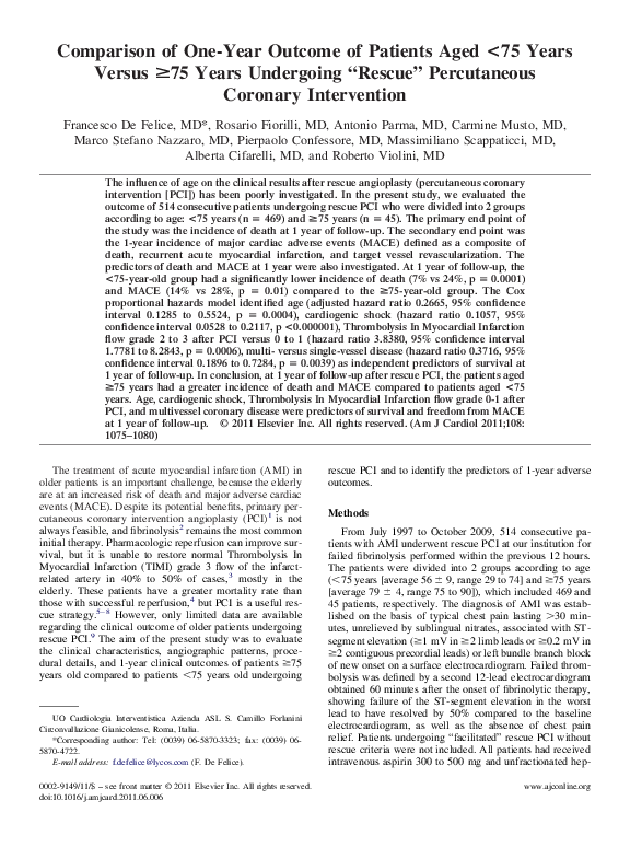 (PDF) Comparison of One-Year Outcome of Patients Aged