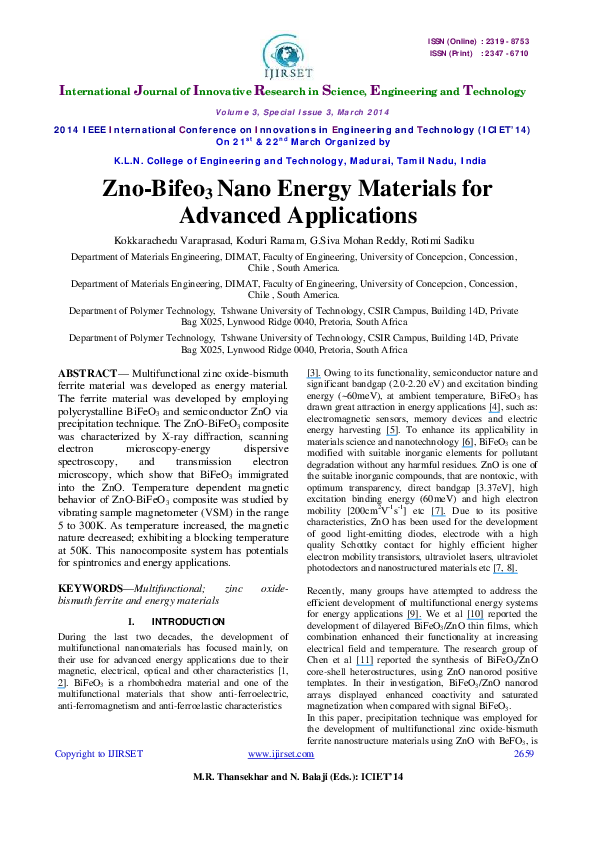 (PDF) ZnoBifeo3 Nano Energy Materials for Advanced Applications Kokkarachedu Varaprasad and