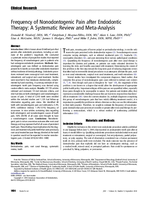 (PDF) Frequency of nonodontogenic pain after endodontic therapy A