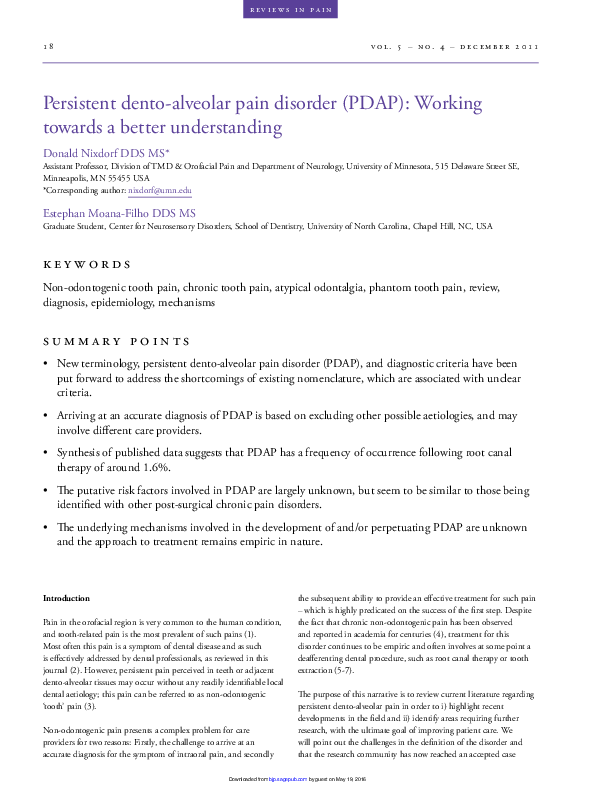 (PDF) Persistent Dento-Alveolar Pain Disorder (PDAP): Working towards a ...