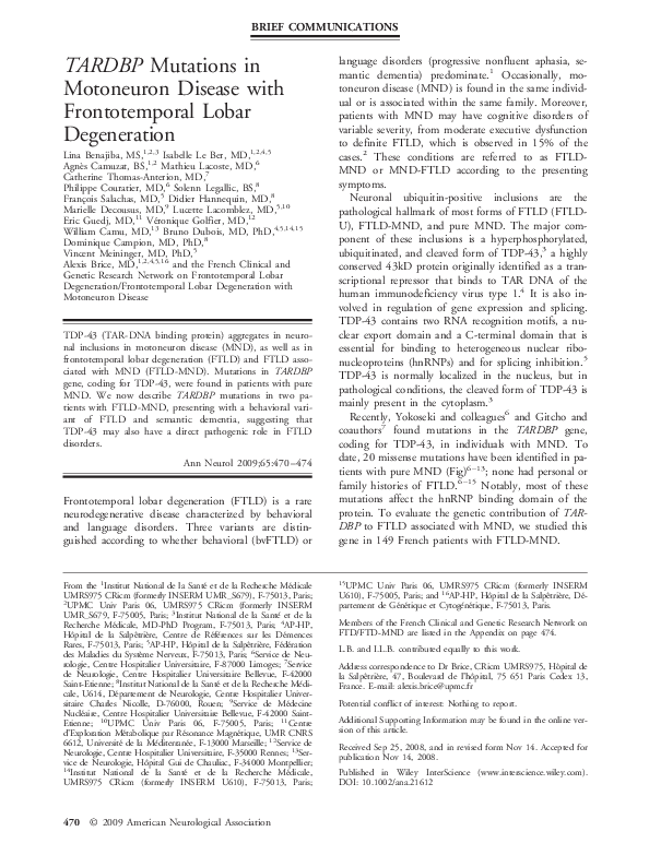 (PDF) TARDBP mutations in motoneuron disease with frontotemporal lobar ...