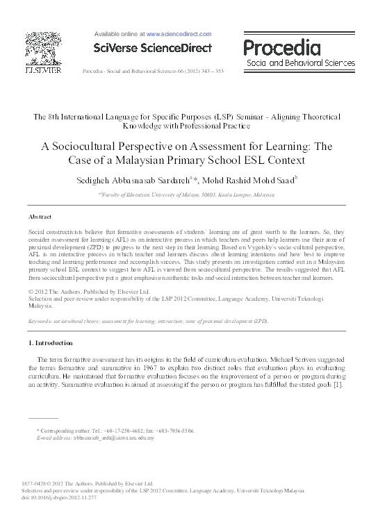 (PDF) A Sociocultural Perspective on Assessment for Learning