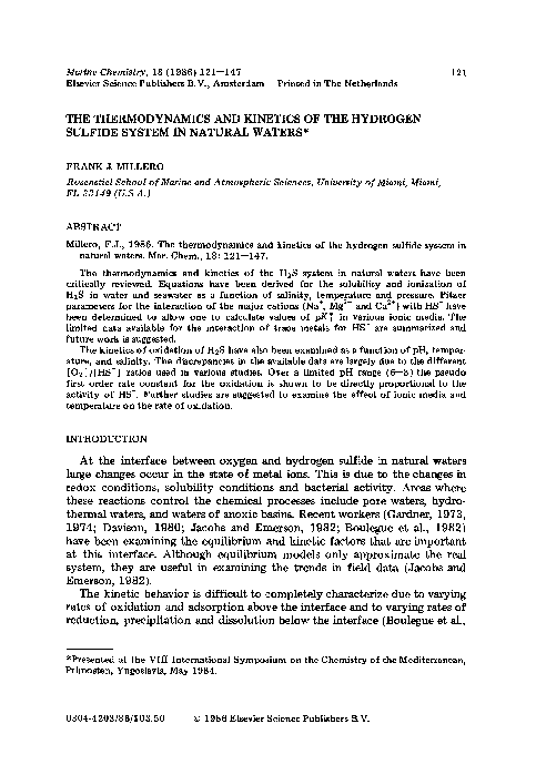 (PDF) Thermodynamics and kinetics of hydrogen sulfide in natural waters