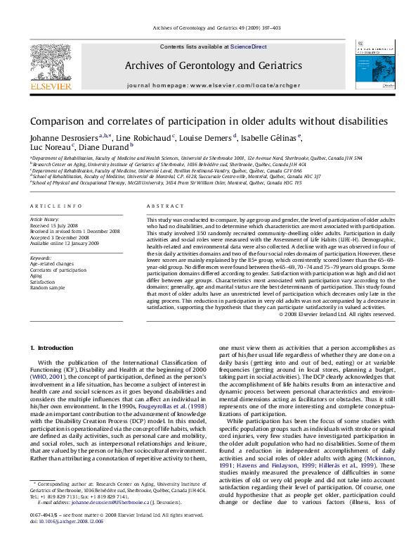 (PDF) Comparison and correlates of participation in older adults ...