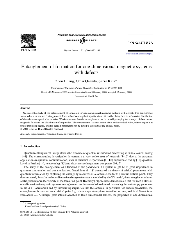 (PDF) Entanglement of formation for one-dimensional magnetic systems ...