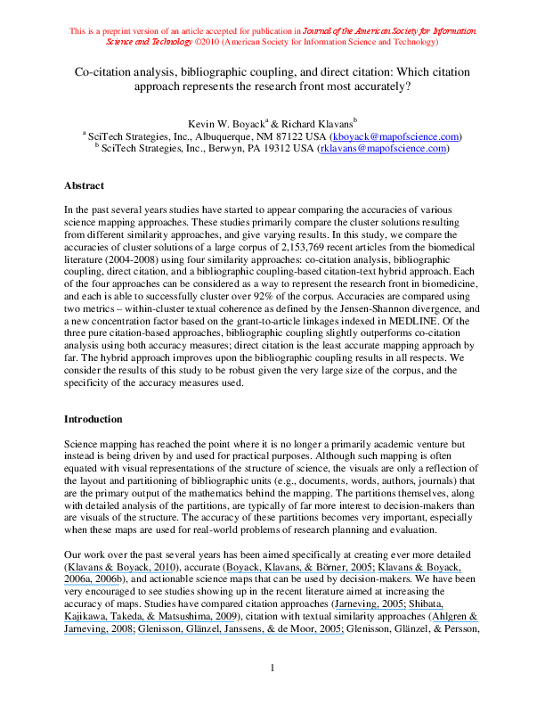 (PDF) Co-citation analysis, bibliographic coupling, and direct citation ...