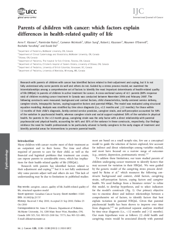 (PDF) Parents of children with cancer: Which factors explain ...