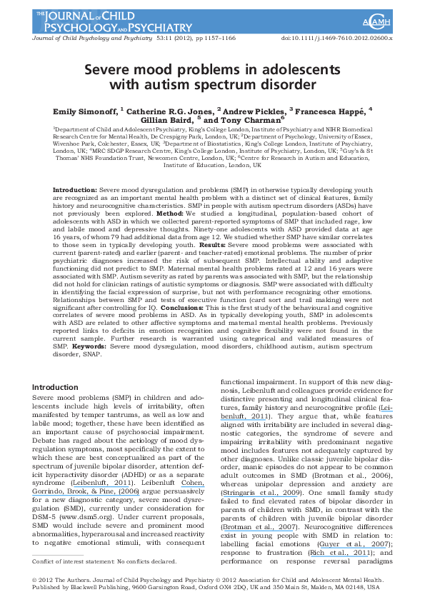 (PDF) Severe mood problems in adolescents with autism spectrum disorder