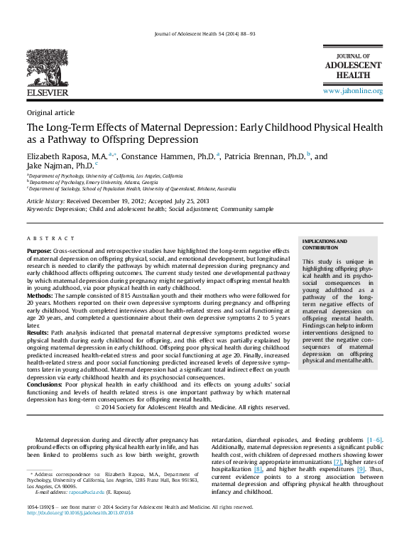 (PDF) The Long-Term Effects of Maternal Depression: Early Childhood ...